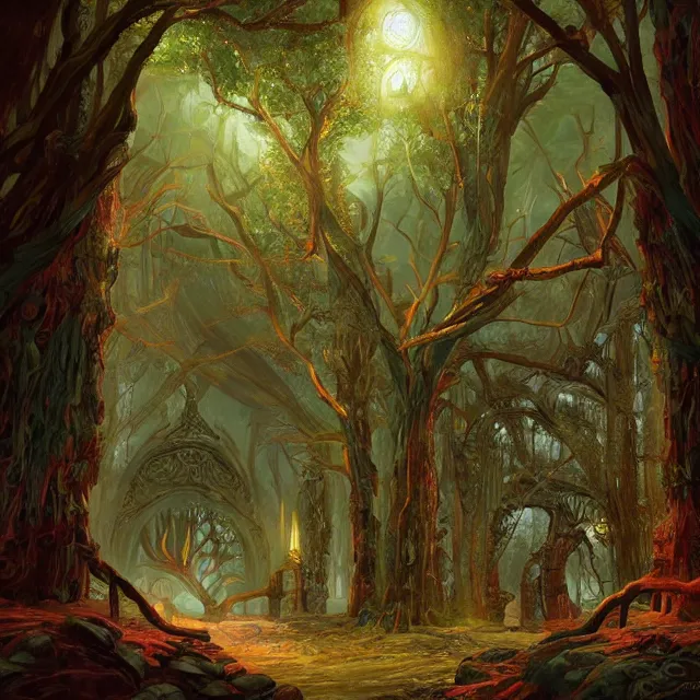 Prompt: the delicate bloodstone palace in the shadowstruck woods beautifully showcases elven architecture. oil painting by the award - winning concept artist