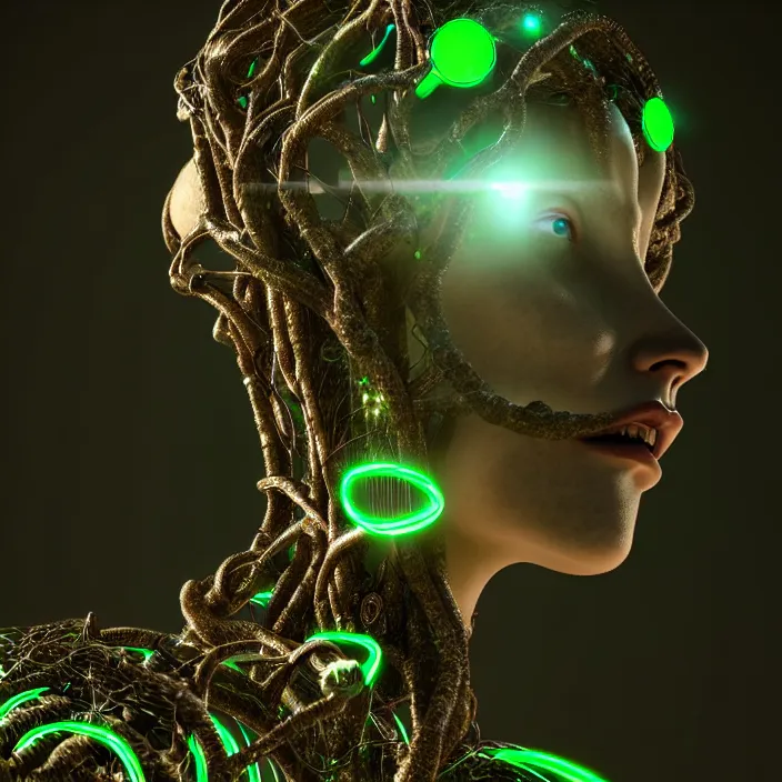 Image similar to female cyborg dryad portrait, entwined by light frequencies and wiring, octane render, universe and stars in the background, dark surreal, light shining through, hyper - realistic, highly detailed, sharp focus, smooth, intricate