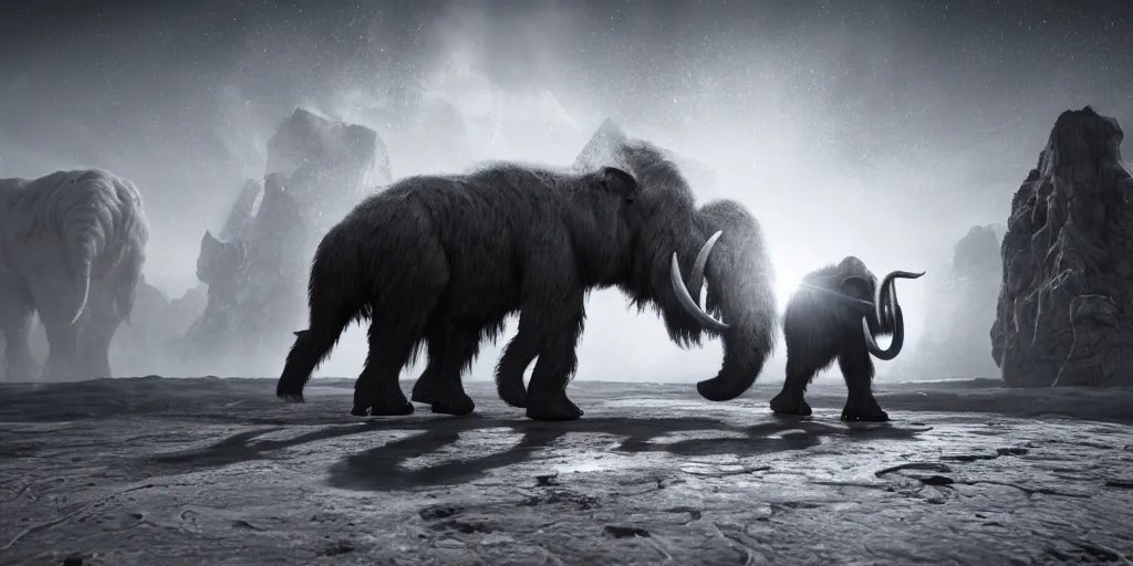 Prompt: a cyborg-mammoth standing in the middle of a milk lake on the Moon,Highly Detailed, Cinematic Lighting, rim light, hyper real, black and white, photo-realistic Unreal Engine, 8K