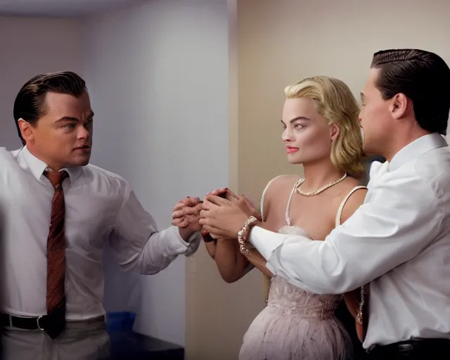 Image similar to leonardo dicaprio as the wolf of wall street holding hands with margot robbie, cinamtic, hyper detailed, 8 5 mm photograph, 8 k resolution, film still, sharp lens, wide lens