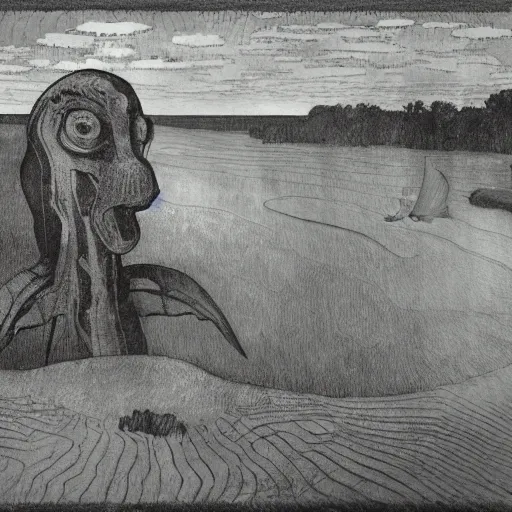 Image similar to the seahorse godforsaukee swamp, by paul gauguin and tom thomson, pencil sketch, storybook illustration the face of a disgruntled man, made of buildings and infrastructure, by beeple and vincent di
