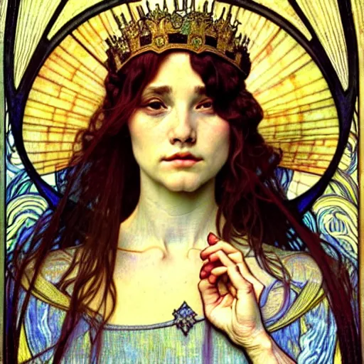 Image similar to detailed realistic beautiful young medieval queen face portrait by jean delville, alphonse mucha, vincent van gogh, and marco mazzoni, art nouveau, symbolist, visionary, gothic, pre - raphaelite