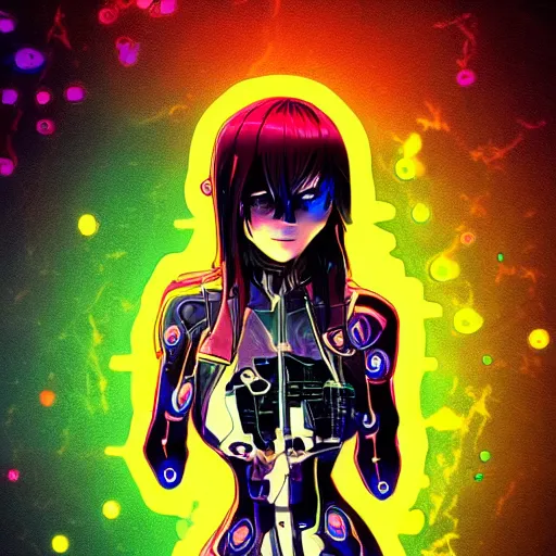 Image similar to full round symmetrical face!, digital cyberpunk anime!!, shattered cyborg body, girl in the style of arcane!!!, lightning, raining!!, water refractions!!, black long hair!, biomechanical details, neon background lighting, reflections, wlop, ilya kuvshinov, artgerm