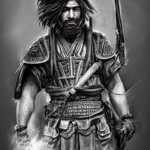 Image similar to Kurdish samurai, extremely detailed charcoal sketch, realistic, incredibly detailed, award winning art, cinematic, extremely high detail, concept art, 4k fantasy art, trending on artstation, full body shot