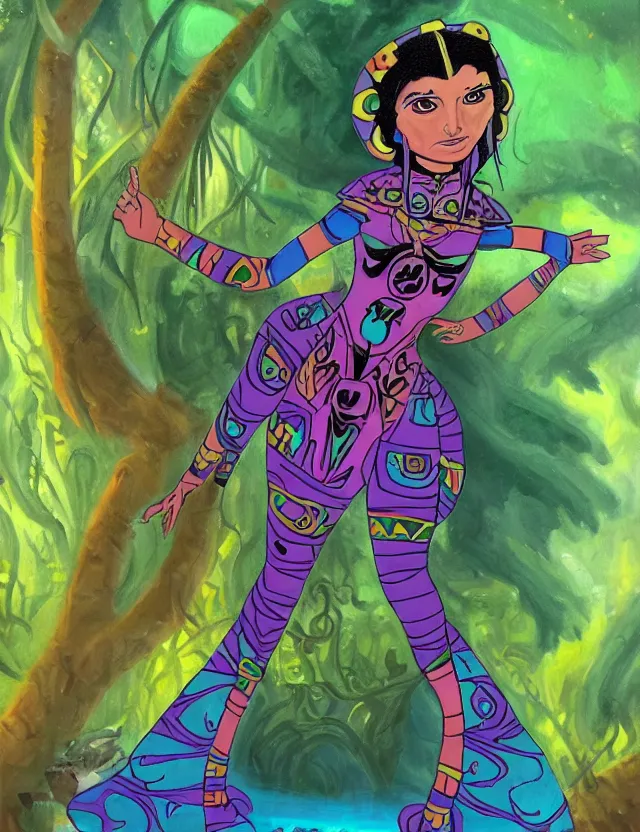 Prompt: aztec scifi princess of the fungus rainforest, wearing a lovely dress. this oil painting by the beloved children's comic artist has an interesting color scheme and impeccable lighting.