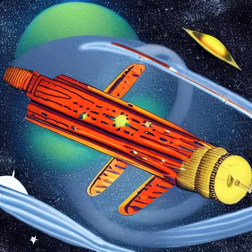 Prompt: ottoman sultanate spaceship, flying in space with stars glittering in the background, pulp science fiction illustration