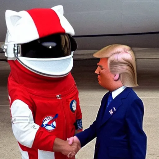 Image similar to astronaut cat shaking hands with donald trump