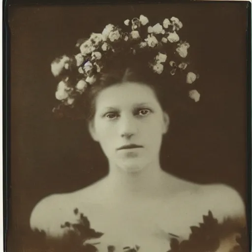 Image similar to portrait of a beautiful woman corpse covered in flowers, 1910 polaroid photography,