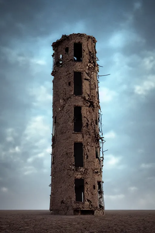 Prompt: an old decaying tower in the middle of a vast desert, fantasy, hyper realistic, atmospheric lighting, 8k,