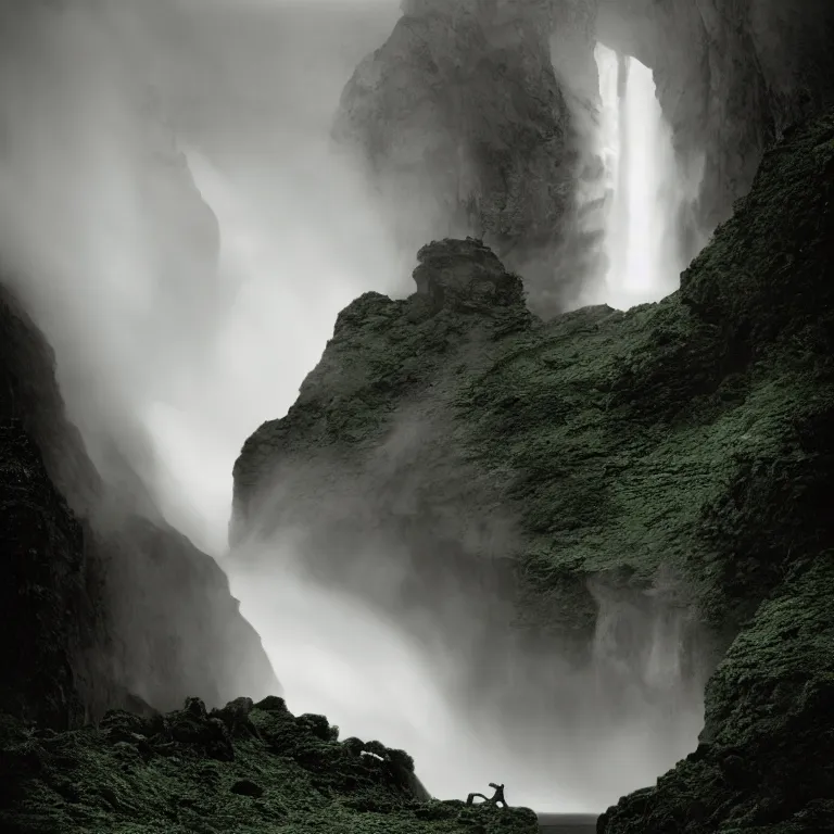Prompt: dark and moody photo by ansel adams and pedar balke and wayne barlow, a giant tall huge woman in an extremely long white dress made out of smoke, standing inside a green mossy irish rocky scenic landscape, huge waterfall, volumetric lighting, backlit, atmospheric, fog, extremely windy, soft focus