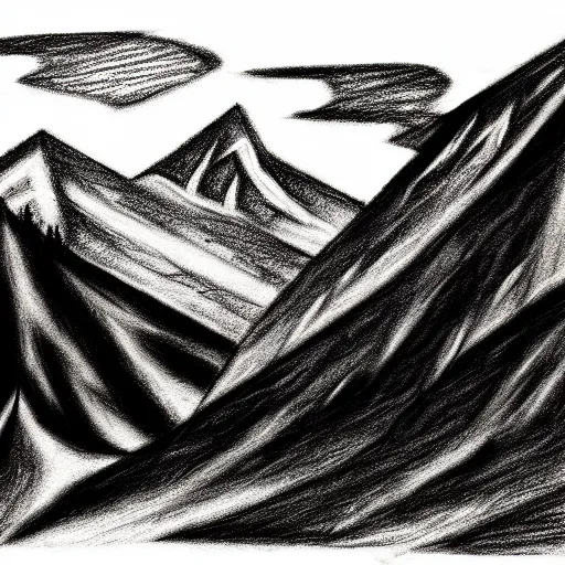 Image similar to charcoal pencil sketch of mountains, lower third, high contrast, black and white, illustration, highly detailed and intricate