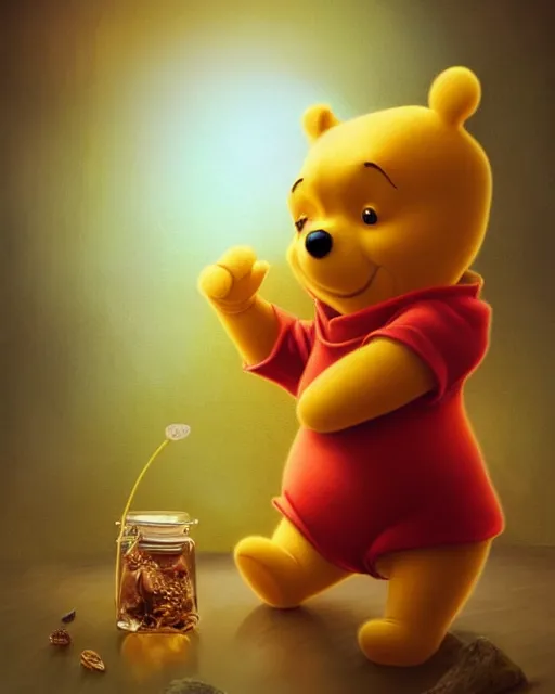 Image similar to beautiful winnie the pooh as honey, made of honey, wearing honey - themed miniskirt, award winning creature portrait photography, extremely detailed, artstation, 8 k, sensual lighting, incredible art, wlop, artgerm, backlit, rim lighting