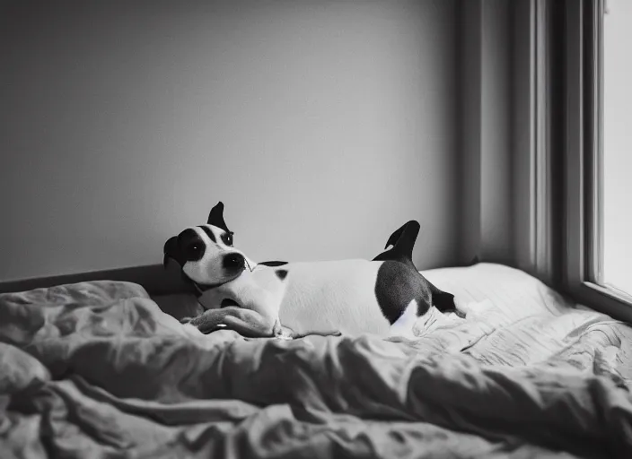 Image similar to photography of a Jack Russel . watching outside the window. on a bed. in a vintage room full of vinyls and posters.,volumetric light, photorealistic,, award winning photo, 100mm, sharp, high res