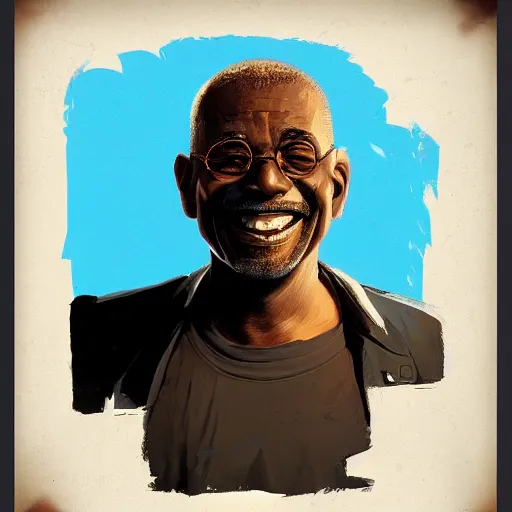 Prompt: old black man portrait, face smiling, golden teeth, flat background, greg rutkowski gta san andreas art