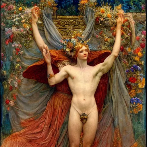 Image similar to coronation of the flower prince, by Annie Swynnerton and Gaston Bussière, embroidered brocade, tattoos, elaborate costume, geometric ornament, symbolist, rich colors, dramatic lighting, smooth, sharp focus, extremely detailed
