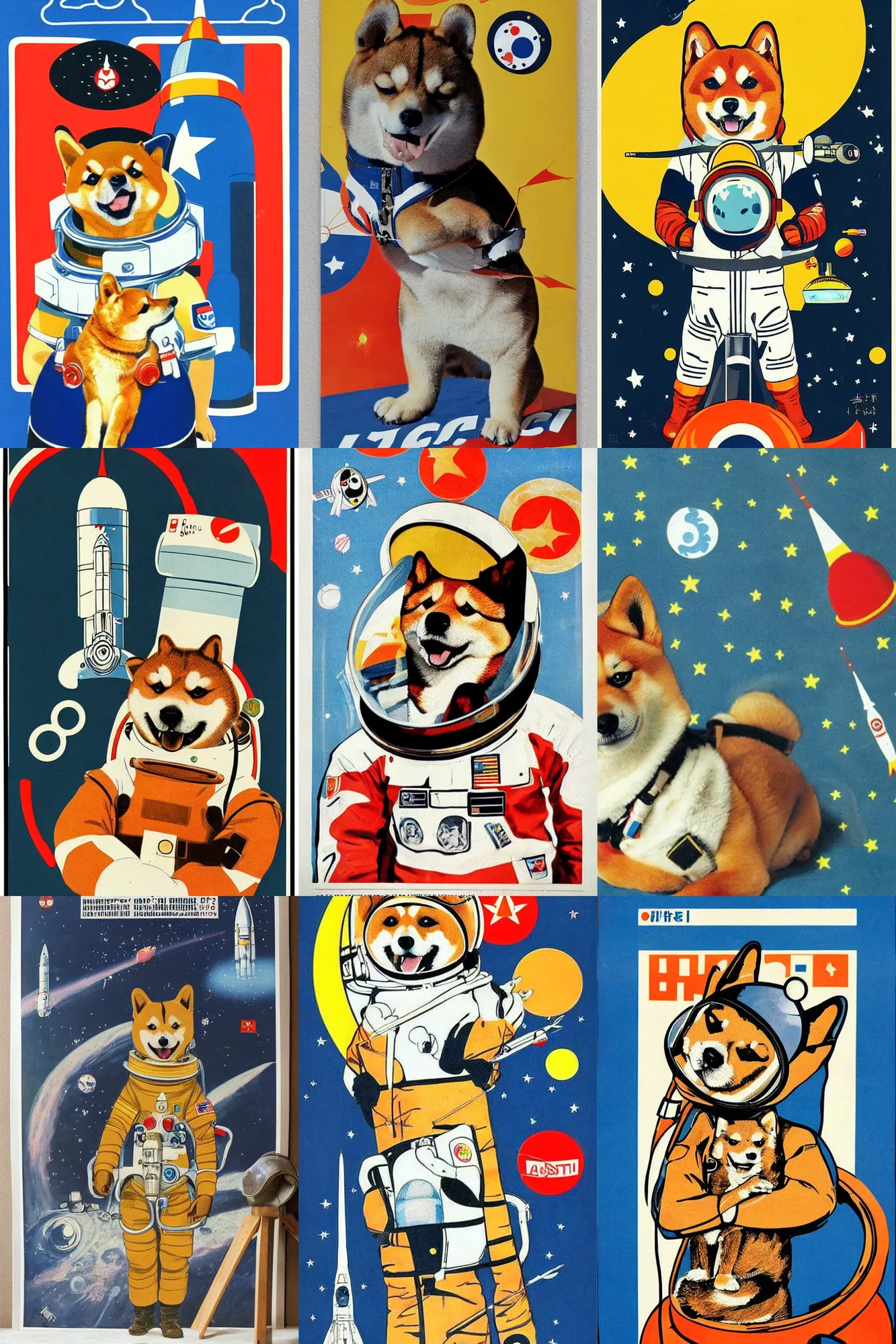 Image similar to cute Shiba Inu cosmonaut portrait wearing helmet, in front of rocket, 60s poster, 1968 Soviet Japanese