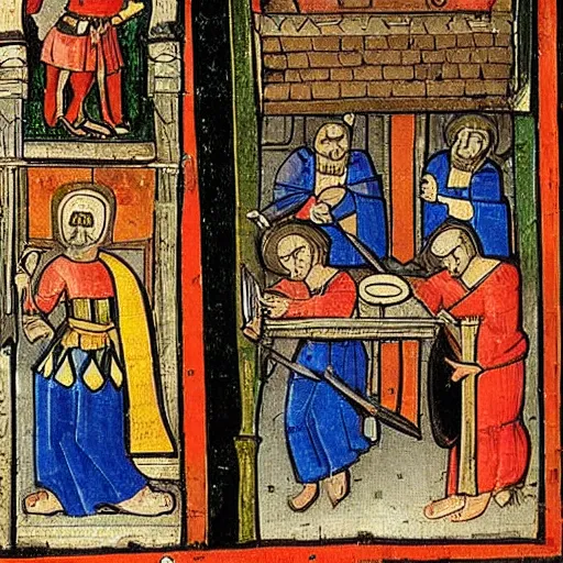 Prompt: medieval art of knights working at a office