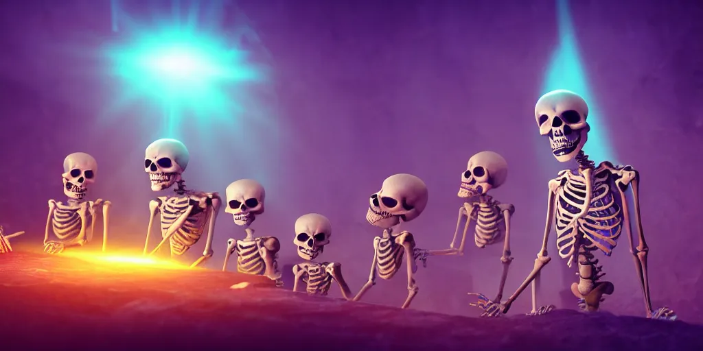 Image similar to skeletons, they are in front of a desk working on a new dark spell that is casting out flowing energy, colorful, flowing energy, light rays, medium shot, waist up, sharp, concept art, highly detailed, bloom, dramatic lighting, cinematic, by dreamworks