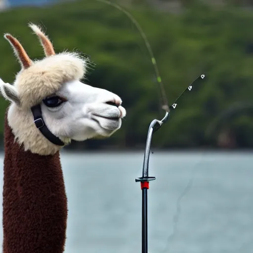 Prompt: llama wearing fishing hat, fishing up a fresh boris johnson on rod