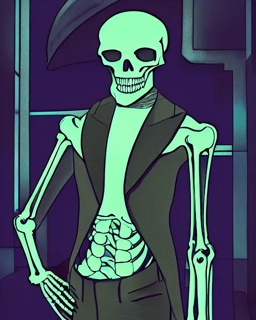 Prompt: dramatic cyberpunk portrait of a skeleton in a suit, color glow, intense shading