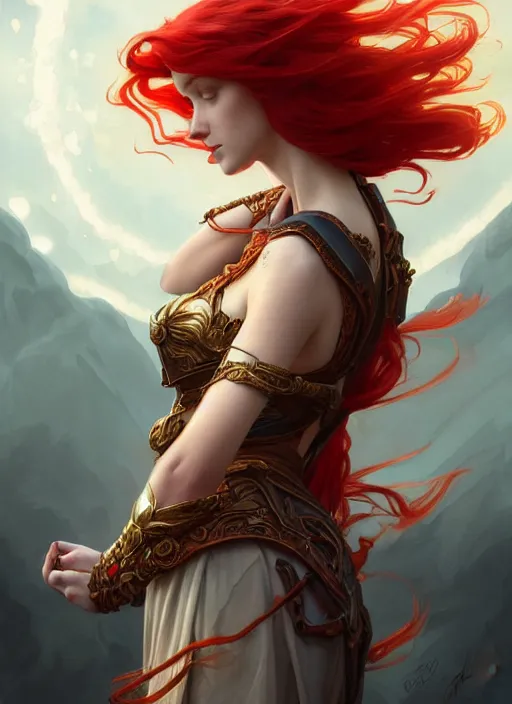 Image similar to a beautiful red haired woman with wings of fire, deep focus, d & d, fantasy, intricate, elegant, highly detailed, digital painting, artstation, concept art, matte, sharp focus, illustration, hearthstone, art by artgerm and greg rutkowski and alphonse mucha