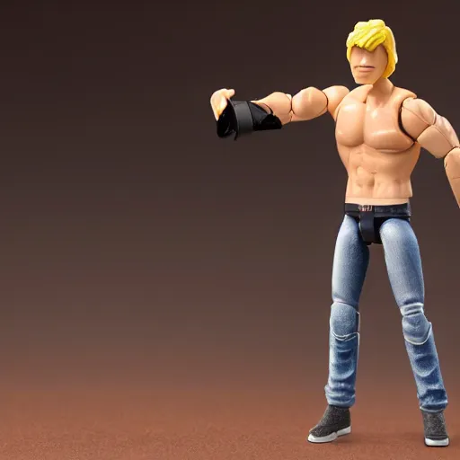 Image similar to action figure of a skinny blonde male wrestler wearing a vr headset and wearing a t - shirt and jeans, high detail, realistic,