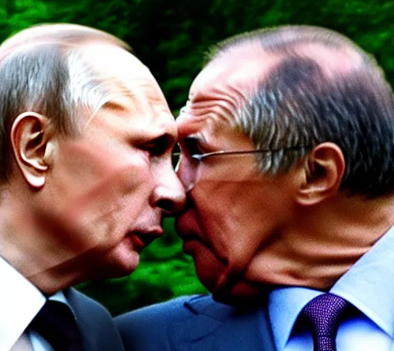 Prompt: vladimir putin kisses sergey lavrov, animals mating, lovely kiss, kiss mouth to mouth, romantic, emotional, love scene, insane details, clear face and eyes, textured, 8 k, professional photography, animal world, discovery channel