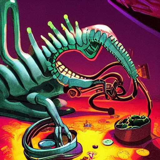 Prompt: the rhythmic rattling of a mechanical reptile, his Shadow is a wraith who feasts on sweets. a paradoxically sweet-scented colorful concotion laid out to trap the beast with cyanide hidden in its sauce. the mess of pie stains the beast's nostrils as it devours in textural and subliminal hypnotic spirals, lashing its tongue through its serrated teeth with envy, envy for the past self who had not yet seen such a pastry and was sent, vectorized, flattened