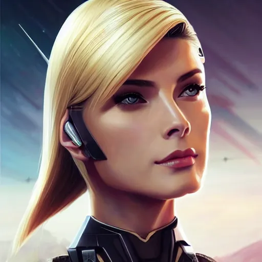 Image similar to A combination of Ashley Greene's and Ada Wong's and Grace Kelly's appearances with blonde hair wearing Forerunner armor from Halo, high tech, action shot, angular, full body portrait, futuristic, dramatic, fantasy, intricate, elegant, highly detailed, artstation, matte, sharp focus, 8K, art by Artgerm and Greg Rutkowski and Alphonse Mucha