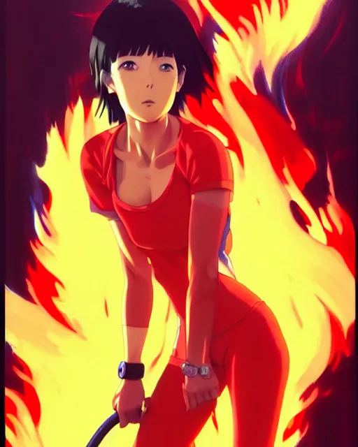 Image similar to female fireman, roaring flames!! | | very very anime!!!, beautiful fine - face, audrey plaza, realistic shaded perfect face, fine details. anime. realistic shaded lighting poster by ilya kuvshinov katsuhiro otomo ghost in the shell, magali villeneuve, artgerm, jeremy lipkin and michael garmash and rob rey