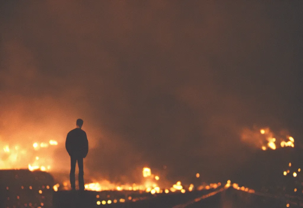 Image similar to lomo photo of a man standing on top of a burning bridge, cinestill, bokeh, out of focus, night, dramatic lighting