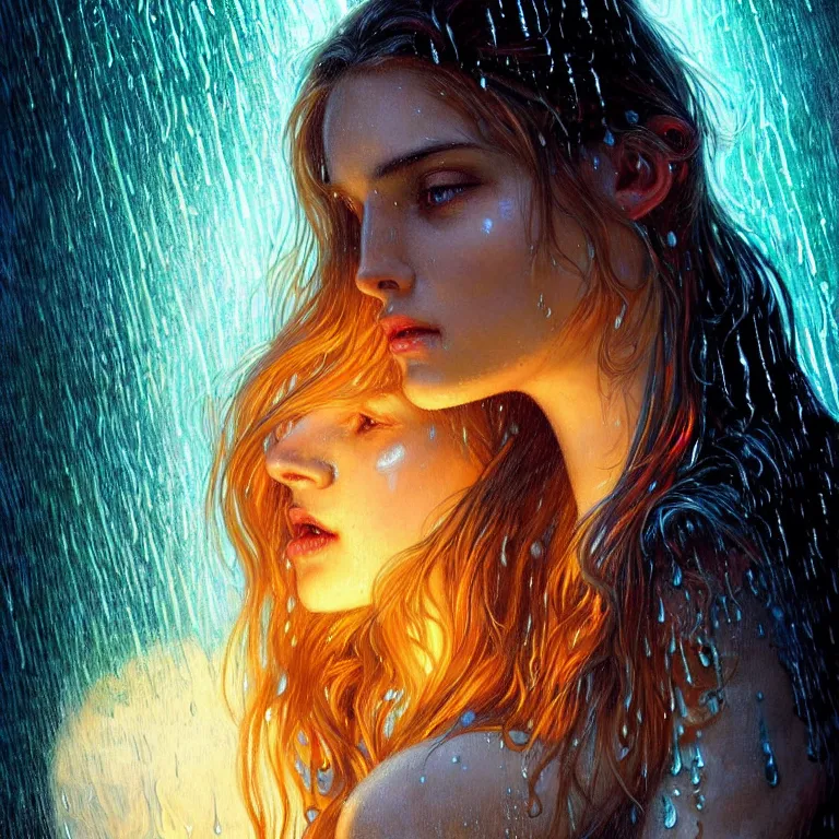 Image similar to bright asthetic portrait LSD glowing backlit rain on face and wet hair, fantasy, intricate, elegant, dramatic lighting, highly detailed, lifelike, photorealistic, digital painting, artstation, illustration, concept art, smooth, sharp focus, art by John Collier and Albert Aublet and Krenz Cushart and Artem Demura and Alphonse Mucha