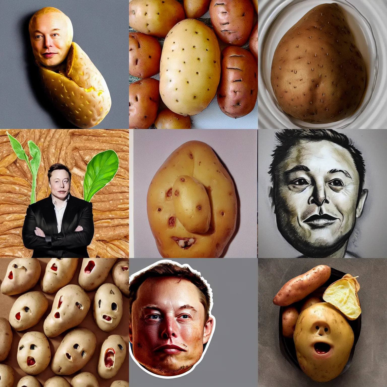 Prompt: ( elon musk ) face potato hybrid, potato skin, potato skin, potato, elon musk portrait, potatoes
