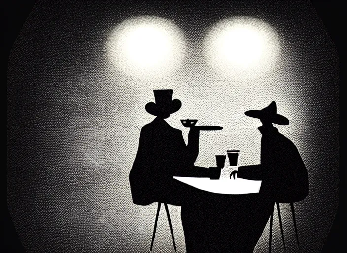 Image similar to (((detective in a hat interogating a suspect at a table))), colorful,bauhaus, Mads Berg, Karolis Strautniekas,small finely stippled light, dramatic lighting,fine texutre, editorial illustration, detailed, matte print, dynamic composition,moody, cinematic, film grain