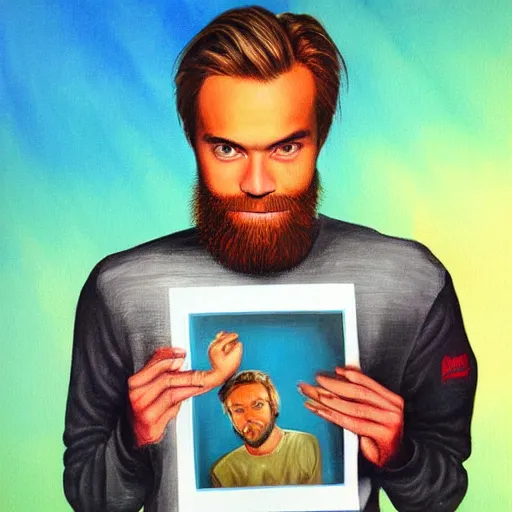 Image similar to PewDiePie with a square head, painted by Gilbert Williams