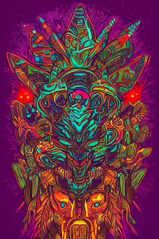 Prompt: totem animal mask tribal feather gemstone plant wood rock shaman vodoo video game vector illustration vivid multicolor borderlands comics by josan gonzales and dan mumford radiating a glowing aura