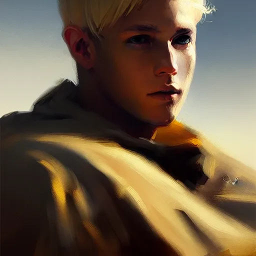 Prompt: blonde boy wearing a brown cape, closeup, powerful, space background, oil painting, brush strokes, greg rutkowski