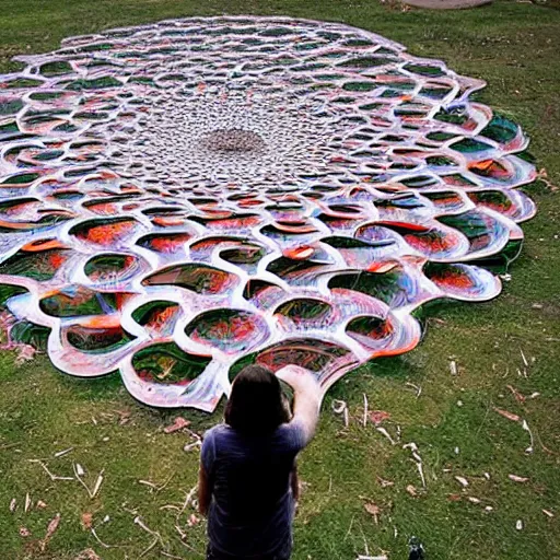 Image similar to A land art. A rip in spacetime. Did this device in her hand open a portal to another dimension or reality?! by Jacob Hashimoto somber