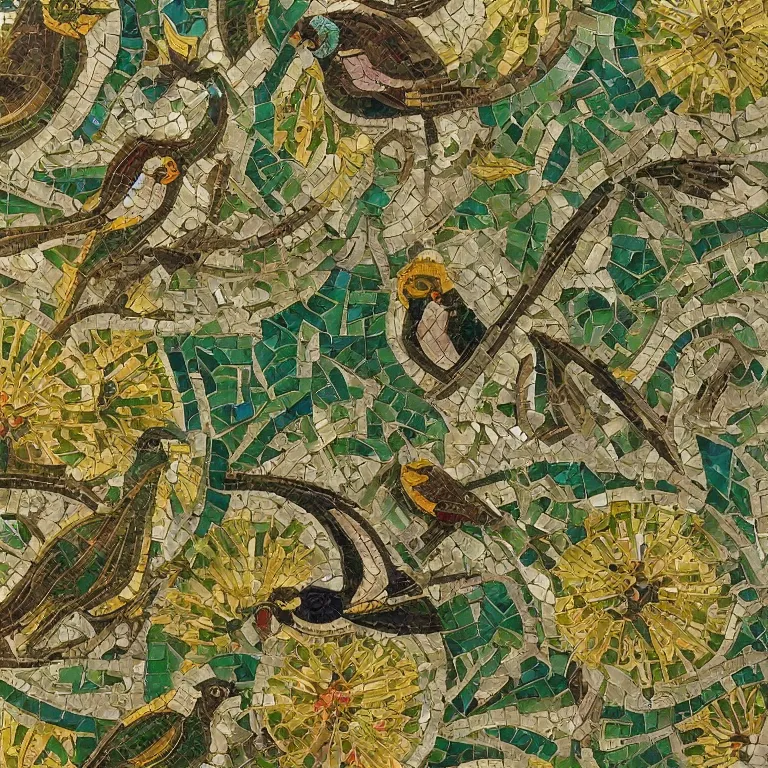 Image similar to art - deco ornament with mystic birds and flowers, highly detailed, photorealistic, mosaic, green and gold, symmetrical, ornate