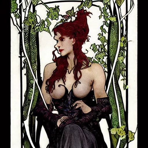 Image similar to a beautiful and detailed tarot card of a seductive poison ivy dressed as a lawyer in the big city, dark eyeliner, intricate, elegant, highly detailed, digital painting, artstation, concept art, matte, sharp focus, illustration, art by rebecca guay and by arthur rackham and by alphonse mucha and by john william waterhouse