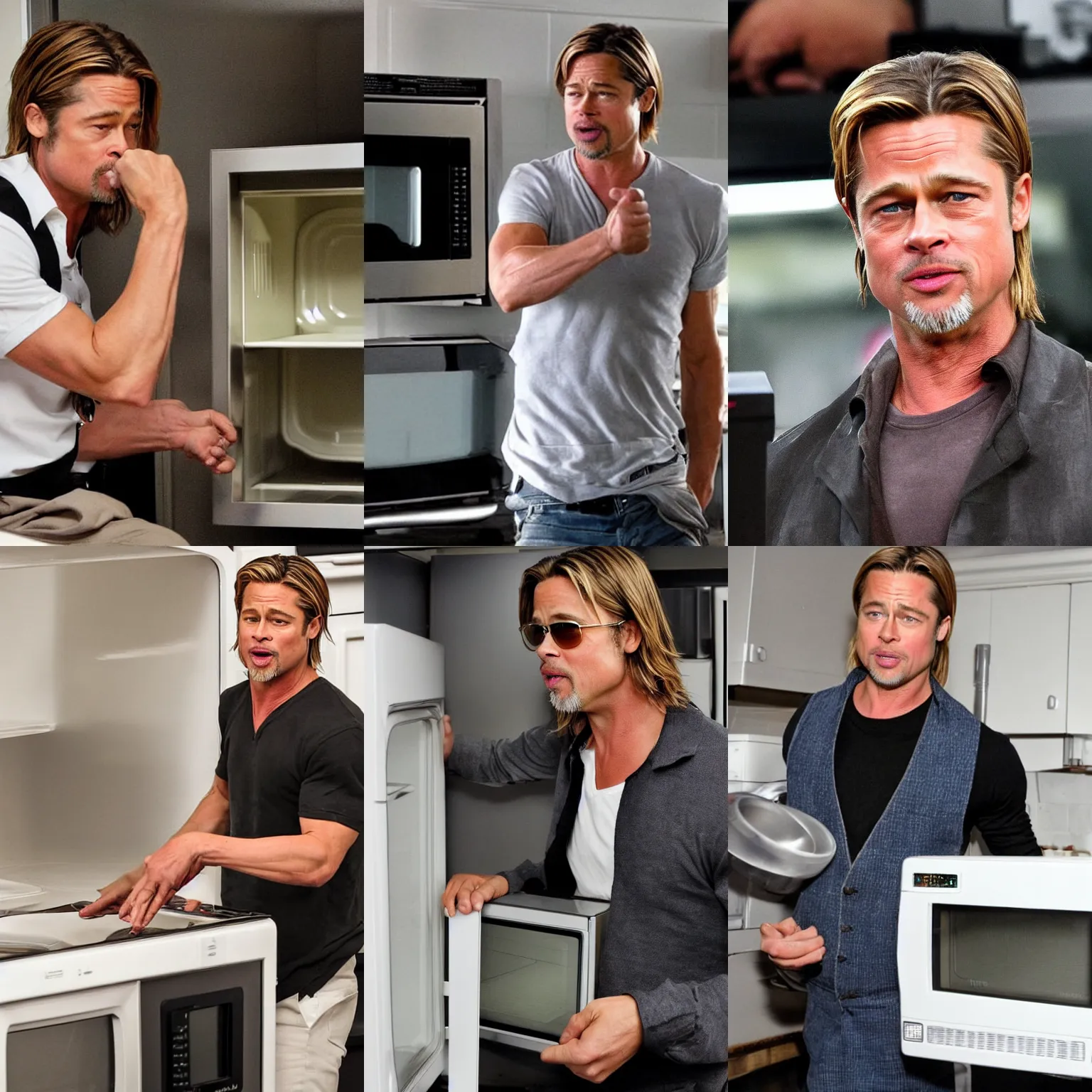 Prompt: Brad Pitt failing to use the microwave, looking frustrated and angry