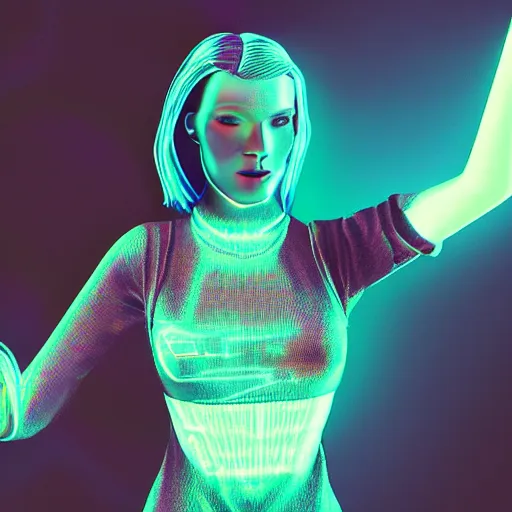 Prompt: a cyberpunk hologram of a beautiful young woman
