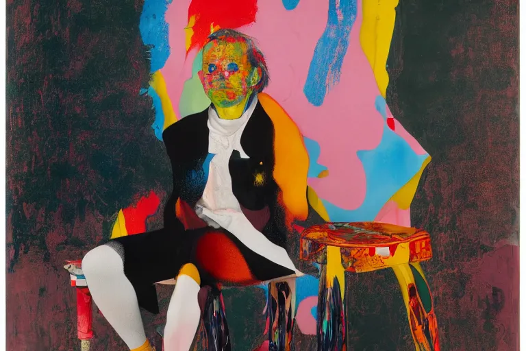 Prompt: portrait of a morphed harlequin sitting on a stool by james jean and luc tuymans and vincent lefevre and hernan bas and pat steir and hilma af klint, psychological, dripping paint, fine grain gradient, high quality render, masterpiece