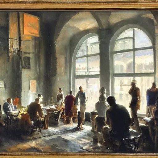 Image similar to by gerald harvey jones daring. a group of people in a dark room. the only source of light is a small window in the corner. the people are all looking at something outside of the mixed mediart.
