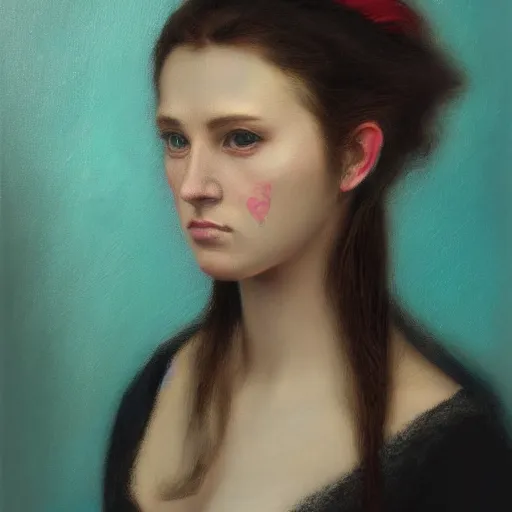 Prompt: highly detailed romantic painted portrait of a modern woman. moody and melanchony. has a bit of cyan and pink. masterpiece