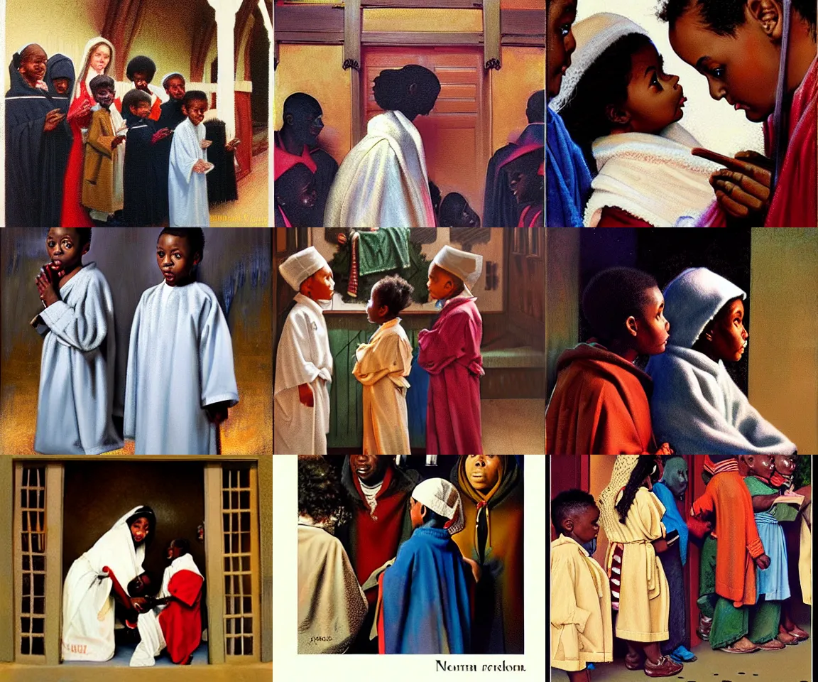 Prompt: black children in robe costumes standing around a manger in a church nativity play, painting by norman rockwell, realism style painting, trending on artstation, amazing details