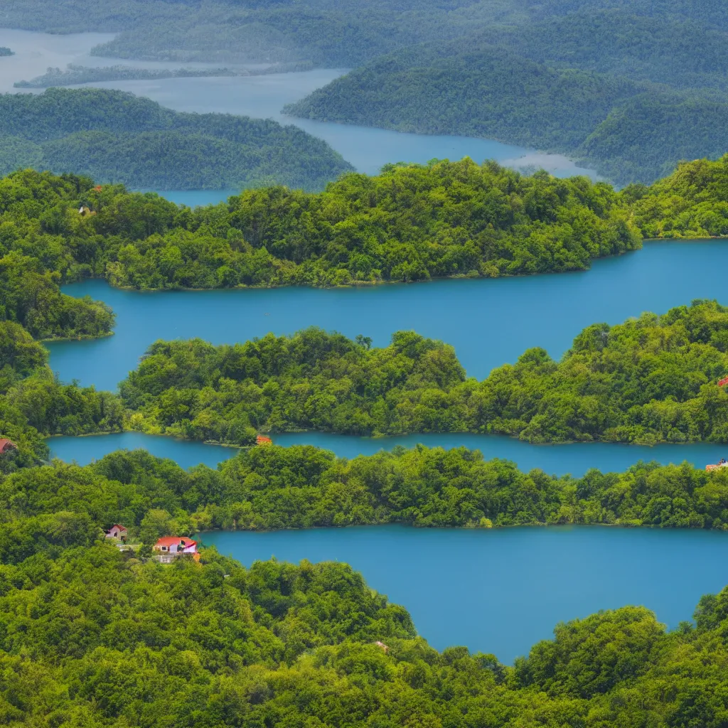 Prompt: artistic landscape, lake, island, small houses on the hill in the distance, very detailed, 4 k, professional photography