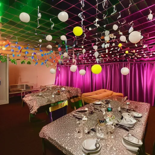 Image similar to photo of the backrooms with balloons and disco ball