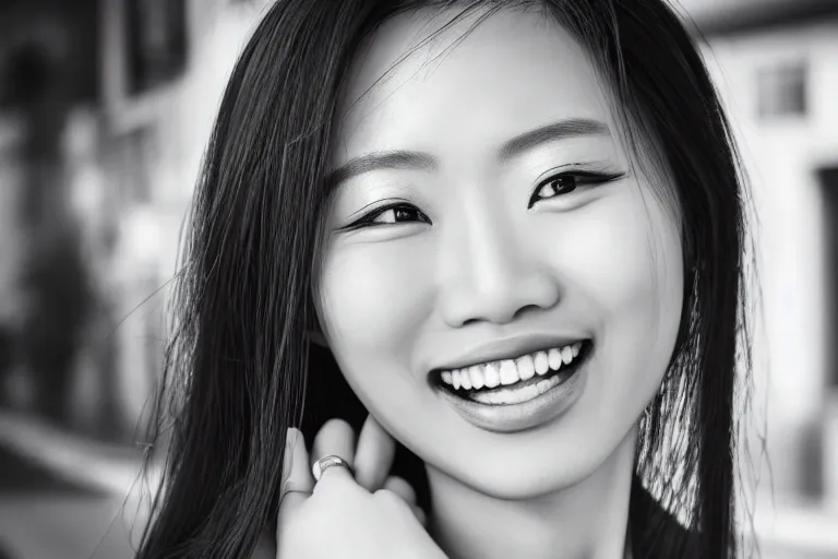 Prompt: still photo of a beautiful asian woman smiling at the camera on the street, black and white color aesthetic, highly detailed, photorealistic portrait, bright studio setting, studio lighting, crisp quality and light reflections, unreal engine 5 quality render