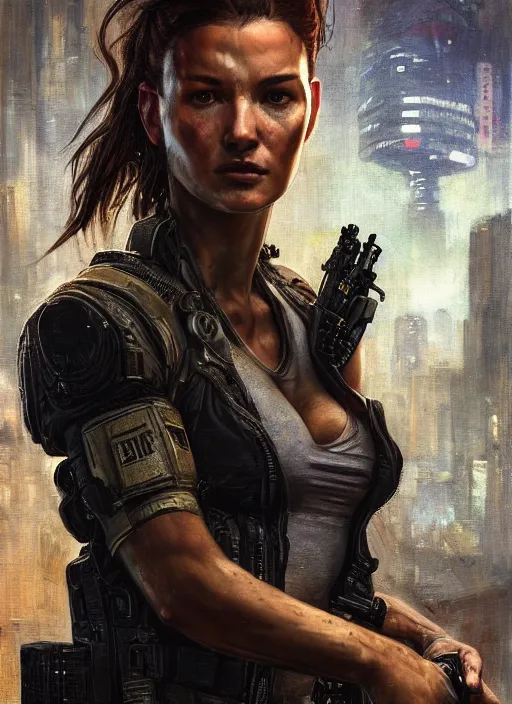 Image similar to sarah kerrigan. cyberpunk mercenary in a military vest ( blade runner 2 0 4 9, cyberpunk 2 0 7 7 ). orientalist portrait by john william waterhouse and james gurney and theodore ralli and nasreddine dinet, oil on canvas. cinematic, hyper realism, realistic proportions, dramatic lighting, high detail 4 k